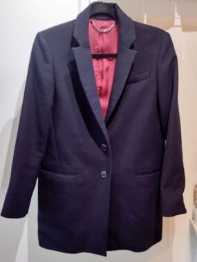 Jigsaw Navy Blue Wool Blend Women's Blazer with Burgundy Lining